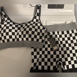 Black and White Checkered Sports Bra and Shorts Set